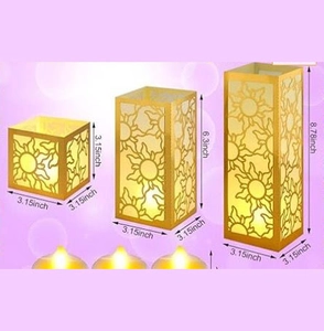 Detailed size comparison of three gold hollowed sun pattern paper lantern luminaries