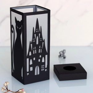Halloween black hollow lanterns featuring black cat and castle silhouettes on white paper