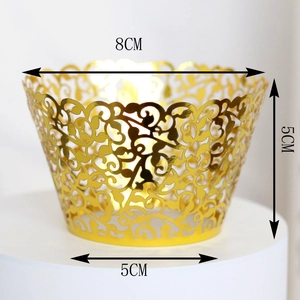 Detailed dimensions of gold laser cut cupcake wrapper with intricate vine patterns