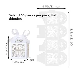 Laser cut favor boxes with cross design and white ribbon, 5x5x8cm, pack of 50 units