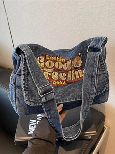 Vintage Denim Crossbody Bag For Women Retro Washed Denim Tote Messenger Bag With Letter Embroidery Large Capacity Daily Shoulder Bag