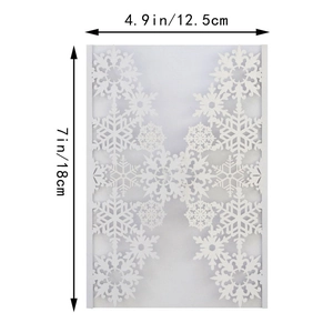 Laser-cut white snowflake invitation cover with dimensions 4.9x7 inches