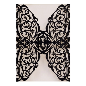 Elegant black laser-cut wedding invitation cover with gold glitter and butterfly floral pattern