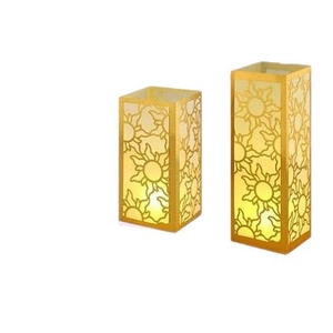 Set of two gold sunflower pattern hollow lanterns with warm LED candle light effect