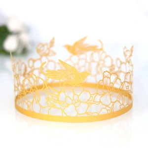 Golden laser-cut cake topper with bird and floral hollow design for party decor