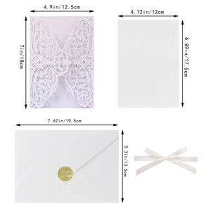 Laser cut butterfly wedding invitation set with dimensions of shell, inner page and envelope
