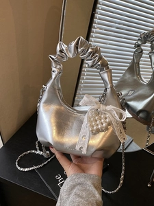 Women Ruched Hobo Bag With Chain Strap Lace Bow Artificial Pearl Decor PU Leather Small Shoulder Crossbody Bag Sweet Fashion Handbag