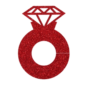 Detailed view of red glitter diamond ring card decoration for festive party supplies