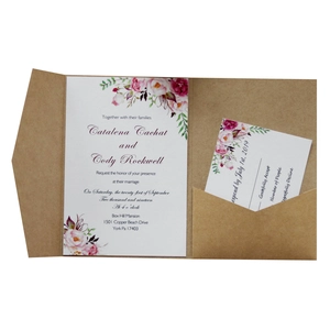 Kraft paper wedding invitation suite with floral border and RSVP card on white background