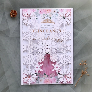 Detailed laser-cut snowflake invitation featuring white hollow jacket and floral lining