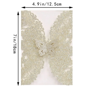Detailed laser-cut butterfly invitation shell dimensions 4.9x7in with glitter finish