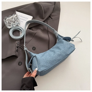 Détail du sac à bandoulière en denim bleu clair sur veste grise et sa texture