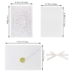 Size guide for laser cut lace wedding invitation with dimensions for cover and insert
