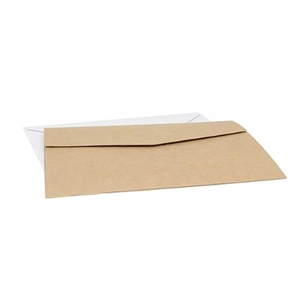 Detail of kraft paper and white wedding invitation envelopes with horizontal flap design