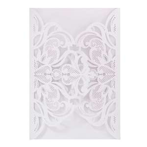 Elegant white laser-cut wedding invitation envelope with intricate lace patterns