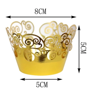 Macro view of laser-cut gold cupcake wrapper showing 8cm top and 5cm height dimensions