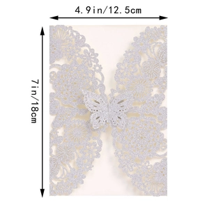 Detailed size chart of laser cut glitter invitation with butterfly and floral patterns