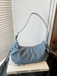 Sac Sous le Bras en Cuir PU Rétro Tendance Pour Femmes Sac Bandoulière à la Mode Texture Denim Avec Décor à Cordon Navettage