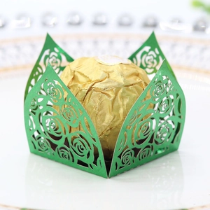 Detailed laser-cut rose hollow paper wrapper in green for chocolate wedding favors
