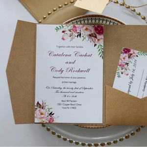 Floral watercolor wedding invitation set with kraft paper pocket and elegant RSVP cards