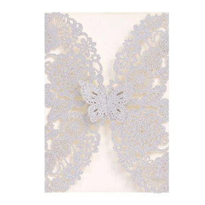 Elegant silver glitter laser-cut invitation card with butterfly and floral hollow patterns