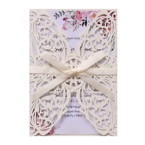 Laser cut ivory butterfly wedding invitation with ribbon and floral insert card