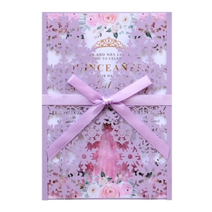 Purple laser cut snowflake invitation with satin ribbon for Quinceañera party