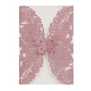 Glitter pink laser-cut butterfly invitation card with intricate hollow rose floral patterns