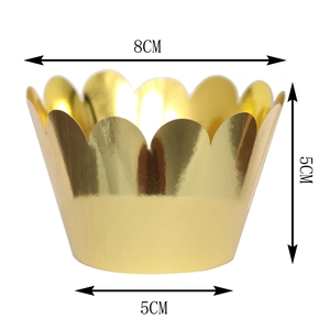 Macro shot of gold cupcake wrapper with scalloped edges showing 8cm and 5cm dimensions