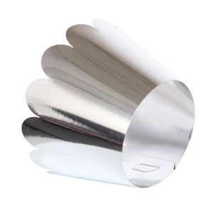 Mirror silver cupcake liners with laser-cut scalloped edges for birthday party decoration