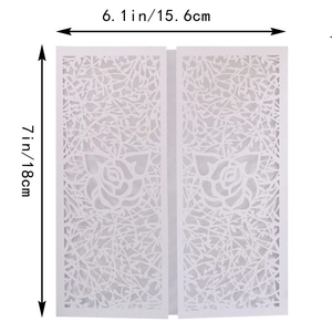 Detailed view of white laser-cut rose wedding invitation shell with 18cm by 15.6cm dimensions