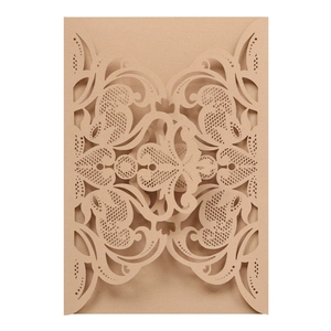 Lace hollow laser-cut wedding invitation cover in gold beige with intricate floral vine pattern