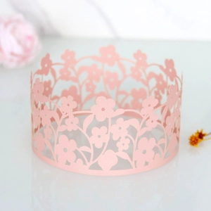 Pink laser-cut floral paper cake wrapper for birthday party and wedding decorations