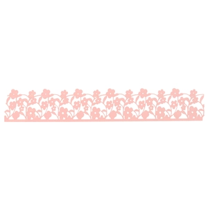 Close-up of pink laser-cut flower patterns on paper cake border for wedding decoration