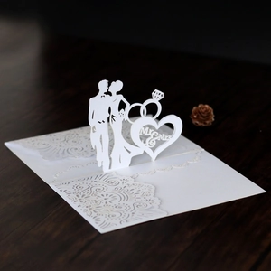Detailed laser-cut 3D wedding card with Mr & Mrs silhouette and lace floral texture