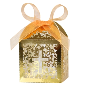 Golden laser cut gift box with hollow cross and orange ribbon for weddings and baptisms