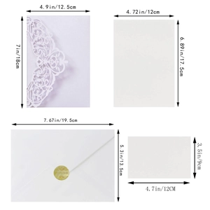 Detailed laser cut wedding invitation set with dimensions of outer pocket and inserts