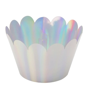 Close-up of holographic laser cut cupcake wrappers with a wavy scalloped edge design