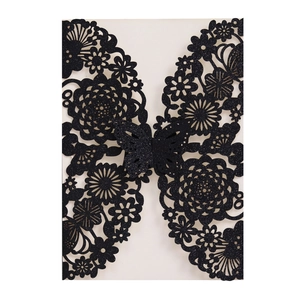 Glittery black laser-cut butterfly invitation card with rose hollow patterns