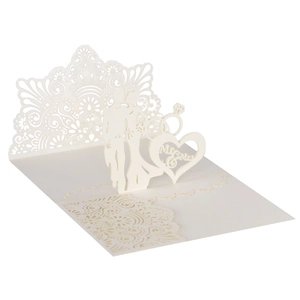 Lace-cut wedding invitation featuring 3D Mr & Mrs heart design and bride groom silhouette