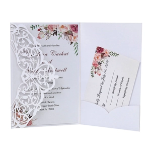 Elegant laser-cut floral wedding invitation set with burgundy flower print inserts
