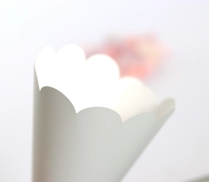 Detail showing white paper cone with scalloped edge for wedding petal or candy toss