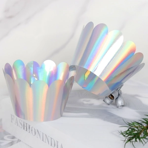 50pcs holographic laser crown cupcake wrappers for party decoration in silver iridescent finish