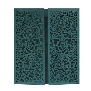 Laser-cut dark green wedding invitation sleeve with hollow rose and vine patterns