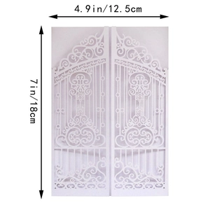Laser cut white wedding invitation cover with gate design and size labels