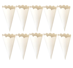 Set of 10 ivory scalloped edge paper cones for wedding petals and party decorations