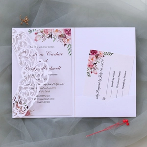 Detailed laser-cut lace wedding invitation with pink floral design and RSVP card