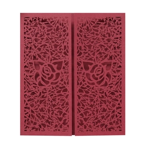 Elegant deep red laser-cut wedding invitation featuring rose patterns on white background