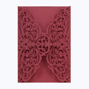 Elegant burgundy laser-cut floral invitation cover made of premium pearlescent paper