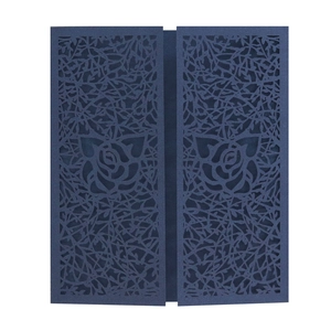 Detailed laser-cut rose patterns on elegant dark blue hollowed wedding invitations